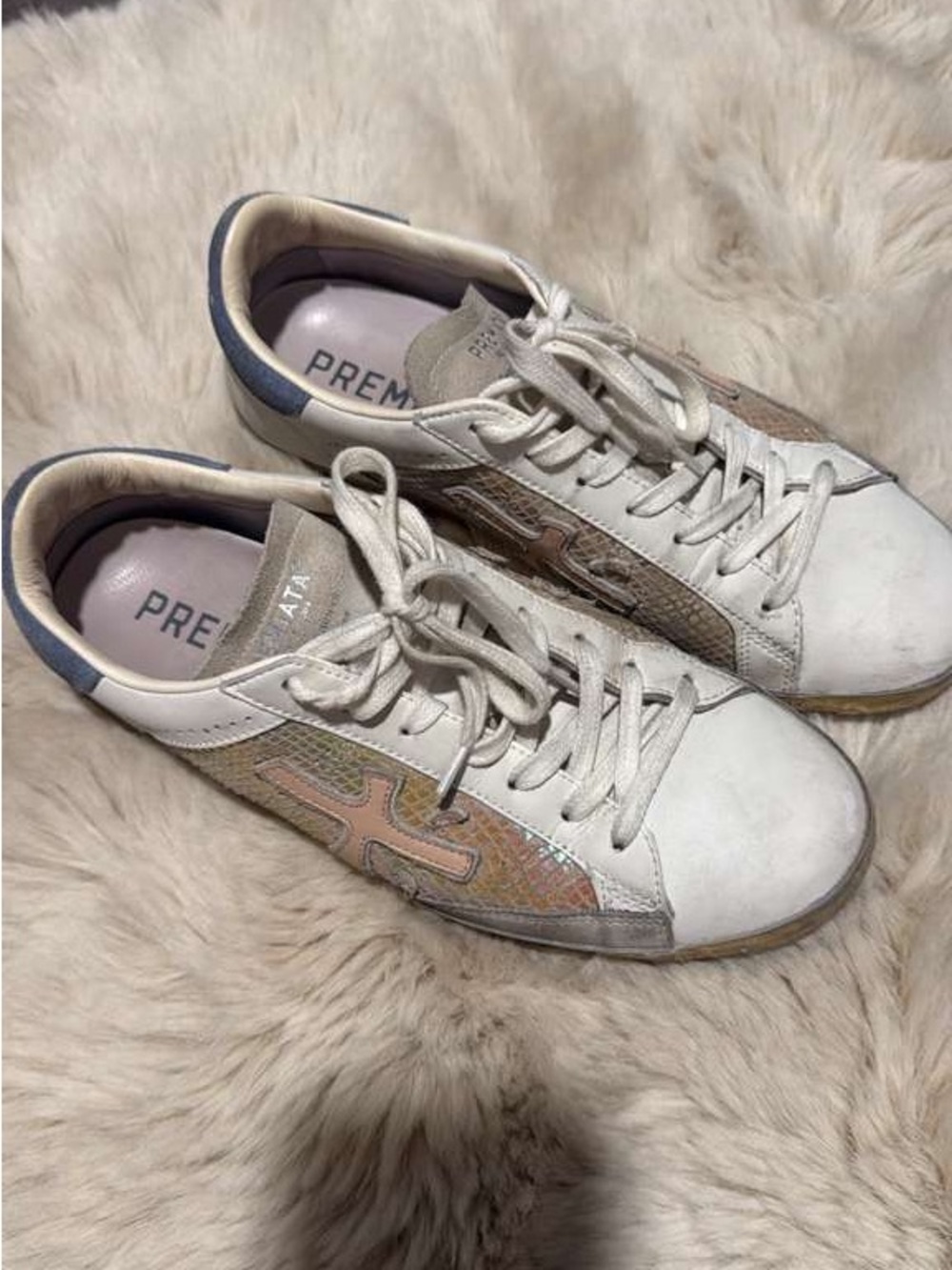 Premiata White Sneakers with Iridescent Pink-Peach Panels and Blue Heel Trim